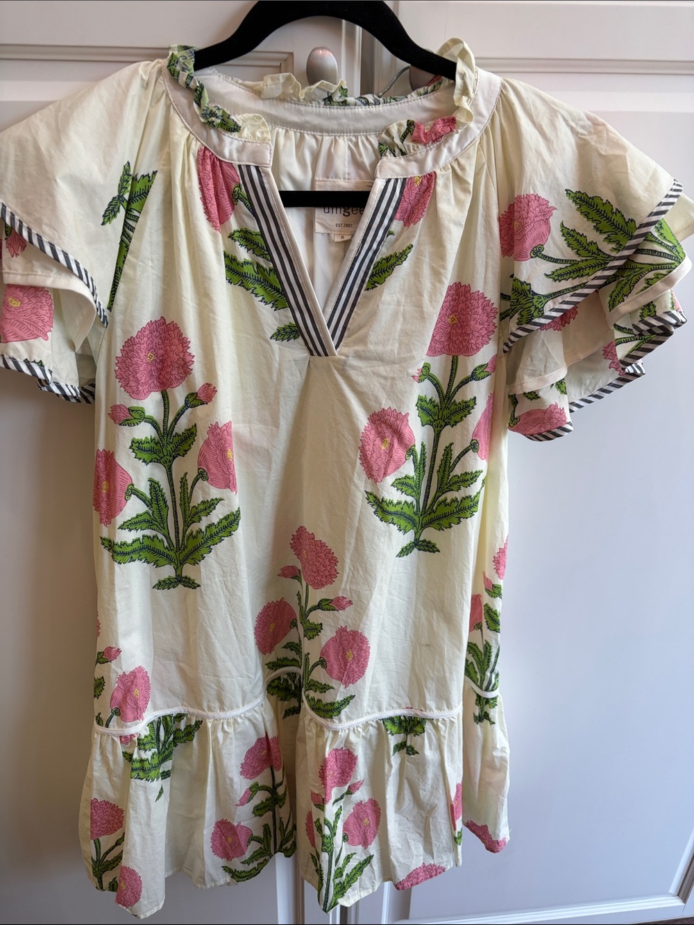 Umgee Cream Mini Dress with Pink Floral Print and Green Leaves - Picture 2 of 7